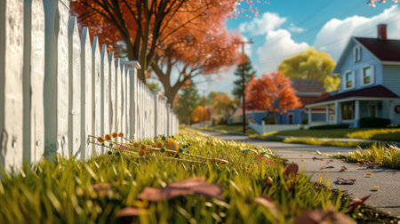A white picket fence stands beside a vibrant green field under the clear sky, creating a crisp contrast in the landscape.の素材