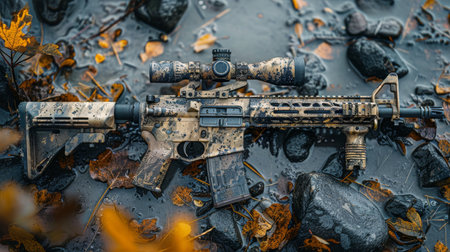 An old machine gun showing signs of age with rusted paint visible on its surface.の素材