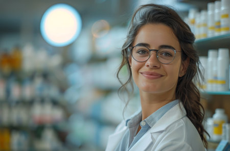 Female scientist wearing a white lab coat and glasses.の素材