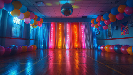 Several people are standing in a room filled with colorful balloons.の素材