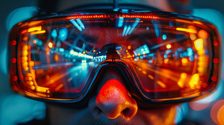 A man wearing goggles with a red light shining on his face.の素材