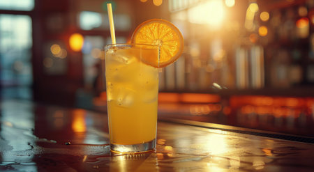 A glass of freshly squeezed orange juice sitting on a wooden bar counter.の素材