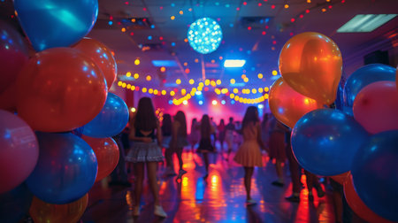 Several people are standing in a room filled with colorful balloons.の素材