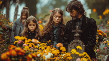 A group of people standing together in a vibrant field of colorful flowers, enjoying the natural beauty around them.の素材