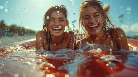 Two girls are happily smiling as they balance on a surfboard in the water.の素材