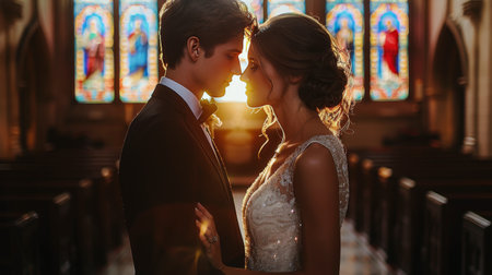 A bride and groom standing together in formal wedding attire, in front of a colorful stained glass window, facing each other.の素材