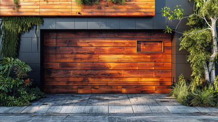 A wooden garage door stands closed in front of a house, blending seamlessly with the exterior architecture.の素材