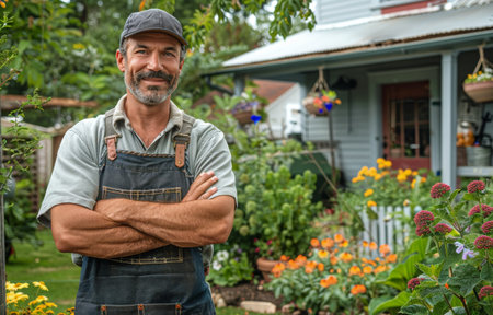 A man is standing in a garden, his arms crossed in front of him.の素材