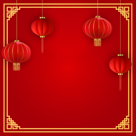 A red background with four red lanterns hanging from the top. Vector Illustrationのイラスト素材