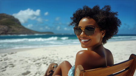 A woman with curly hair relaxes on a beach chair under the sun, smiling towards the camera. The turquoise waves crash gently on sandy shores, creating a peaceful atmosphere.の素材