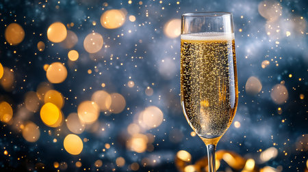 A tall glass filled with sparkling beverage stands out against a vivid background of golden lights, exuding a celebratory vibe perfect for gatherings or special occasions.の素材