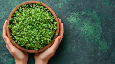 Hands gently cradle a wooden bowl brimming with vibrant microgreens. This bright kitchen setting emphasizes freshness and the joy of growing healthy greens at home.の素材