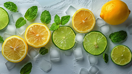 Slices of lemon and lime are artistically displayed on a bed of ice, accompanied by vibrant mint leaves, perfect for summer beverages or garnishes.の素材