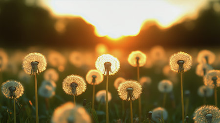 Dandelions bloom in a vibrant field, their white fluff reflecting the warm orange and yellow hues of the setting sun. A tranquil evening atmosphere enhances the beauty of nature.の素材