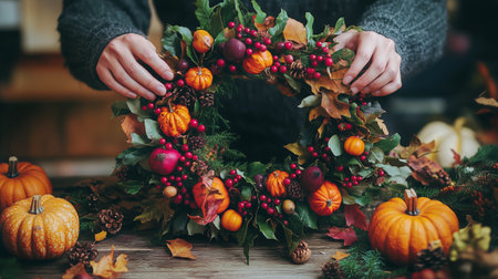 Hands skillfully arrange a beautiful autumn wreath adorned with pumpkins, berries, and leaves. This activity takes place in a cozy setting filled with seasonal charm.の素材