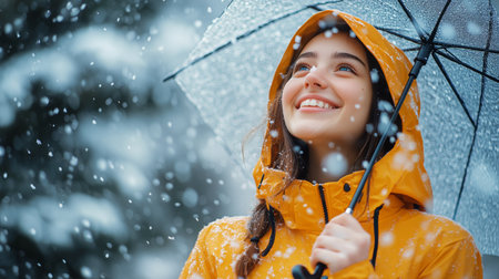 A girl wearing an orange raincoat smiles bright while holding a transparent umbrella. Snowflakes gently fall around her in an urban setting during a winter afternoon.の素材