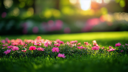 Colorful pink flowers flourish on a bed of green grass as soft sunlight filters through trees in a tranquil garden during the late afternoon.の素材