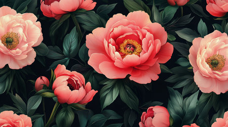 Vibrant peonies in shades of pink and coral flourish against a dark backdrop, showing casing lush green leaves, creating a striking contrast during the early hours of spring.の素材