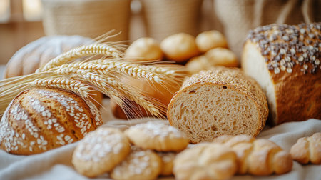 Various types of bread and cookies are arranged on a table, with wheat stalks nearby. The warm colors create a welcoming atmosphere perfect for enjoying baked goods.の素材