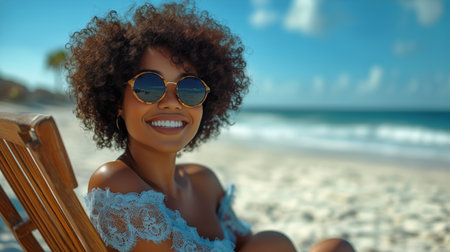 A woman with curly hair relaxes on a beach chair under the sun, smiling towards the camera. The turquoise waves crash gently on sandy shores, creating a peaceful atmosphere.の素材