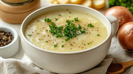A bowl of creamy potato soup sits on a beige cloth, garnished with fresh herbs. Nearby, chopped potatoes and onions create a warm, inviting kitchen atmosphere.の素材