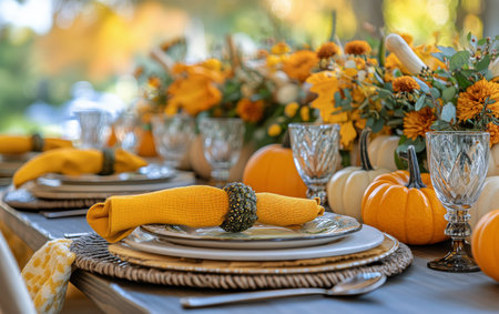 This outdoor dining setup features beautifully arranged plates, utensils, and glasses alongside colorful autumn decorations.の素材