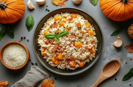 Creamy risotto features pumpkin and bacon, garnished with fresh herbs. Surrounding elements include autumn leaves, garlic, and decorative pumpkins, creating a warm seasonal atmosphere.の素材
