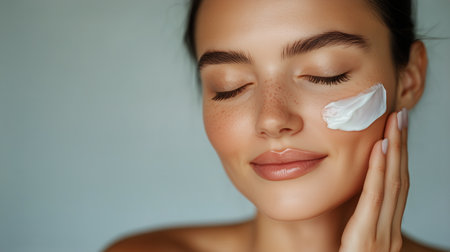 A woman gently applies a cream to her cheek while smiling. Soft lighting enhances her natural beauty as she enjoys a skincare routine, conveying a sense of relaxation and self-care.の素材