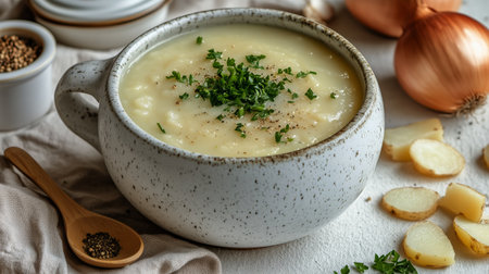 Rustic bowl filled with creamy potato soup topped with fresh herbs, accompanied by onions, potatoes, and spices on a linen surface. Perfect for a cozy meal.の素材