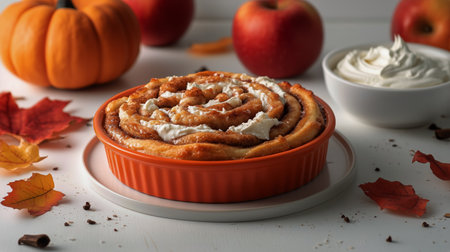 A freshly baked pumpkin apple dessert sits in an orange dish surrounded by autumn leaves and fresh apples. Cream is served in a bowl alongside the warm treat, creating a cozy atmosphere.の素材