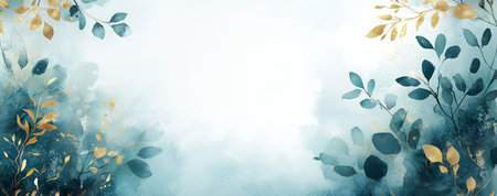 Soft blue background adorned with delicate leaves and golden accents creates a serene and elegant atmosphere, ideal for various decorative applications in design and art.の素材