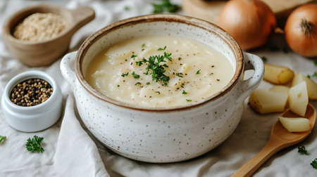 Rustic bowl filled with creamy potato soup topped with fresh herbs, accompanied by onions, potatoes, and spices on a linen surface. Perfect for a cozy meal.の素材