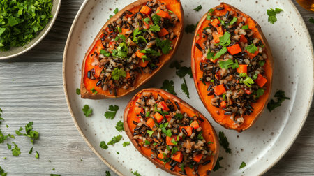 Baked sweet potatoes filled with a mixture of wild rice, diced vegetables, and fresh herbs are beautifully arranged on a plate.の素材
