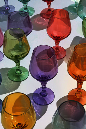 A variety of translucent glasses in vibrant colors are arranged on a white surface. Sunlight highlights their shapes and casts colorful shadows on the ground.の素材