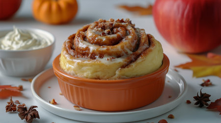 A delightful cinnamon roll dessert is displayed on a table adorned with autumn leaves, pumpkins, and apples, accompanied by a bowl of cream, capturing the essence of fall.の素材