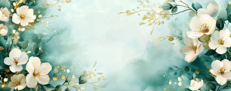 Delicate white flowers and green leaves frame a calming teal backdrop. The design evokes peace and creativity, perfect for invitations or decor.の素材