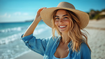 A joyful woman wearing a stylish sun hat plays with her hair at the beach. The bright sun and blue ocean create a vibrant atmosphere during a perfect summer day.の素材