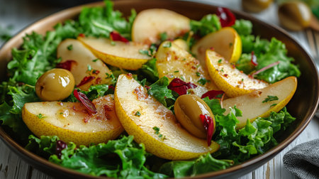 Bright green lettuce forms the base for sliced pears and olives, garnished with herbs and spices. This colorful salad is presented on a rustic wooden table, making it inviting.の素材