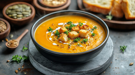 A bowl of creamy pumpkin soup garnished with croutons and herbs, surrounded by bowls of seeds and grains, ideal for a comforting meal on a chilly day.の素材
