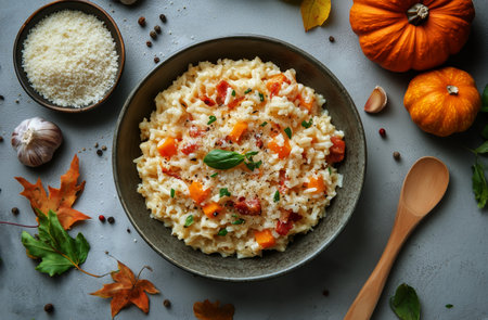Creamy risotto is served in a bowl surrounded by vibrant autumn leaves, garlic, and pumpkins, highlighting the seasonal ingredients and warm flavors.の素材