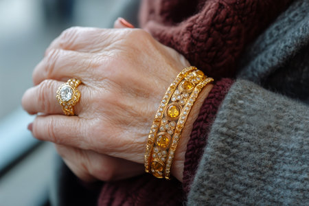 An older woman proudly displays her beautiful jewelry, including gold bracelets and a decorative ring, while wearing a stylish yellow scarf in a relaxed indoor setting.の素材