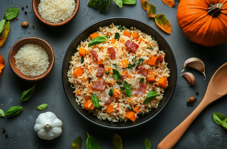 Creamy risotto is served in a bowl surrounded by vibrant autumn leaves, garlic, and pumpkins, highlighting the seasonal ingredients and warm flavors.の素材