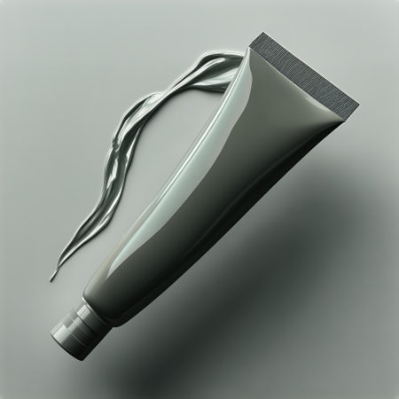 A gray tube of cosmetic cream rests on a smooth surface with a portion of the product elegantly flowing out. The setup highlights its sleek design and creamy texture.の素材