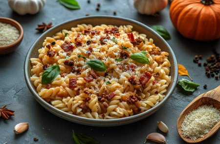 Creamy risotto features pumpkin and bacon, garnished with fresh herbs. Surrounding elements include autumn leaves, garlic, and decorative pumpkins, creating a warm seasonal atmosphere.の素材