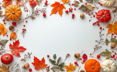 Bright pumpkins and vibrant autumn leaves surround clusters of berries and acorns on a clean white surface, showcasing the beauty of the fall season with its rich colors and textures.の素材