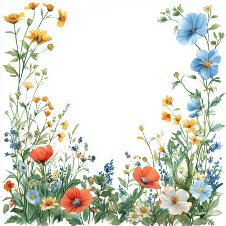 Vibrant wildflowers in shades of blue, red, and yellow create a decorative border. The floral arrangement enhances creativity, perfect for designs, invitations, or artistic projects.の素材