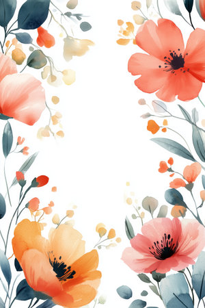 Vivid orange and pink flowers along with delicate greenery create a decorative border. The bright colors stand out against a white background, perfect for showcasing text or designs.の素材