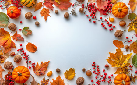 Colorful autumn leaves, small pumpkins, and nuts create a festive border on a light surface, highlighting the beauty of the fall season and seasonal decorations.の素材
