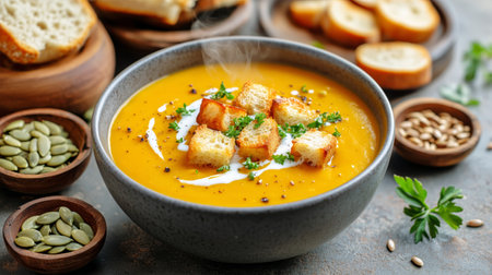 Warm pumpkin soup is topped with crispy croutons and fresh herbs, surrounded by bowls of seeds and slices of bread, creating a comforting dish perfect for autumn.の素材