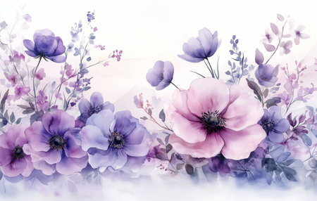 A vibrant collection of purple and pink flowers blends beautifully with delicate greenery in a soft watercolor design, showcasing natures elegance and charm.の素材